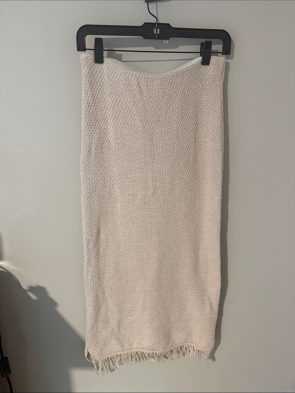 Cream Knit Midi Skirt with Fringe Hem